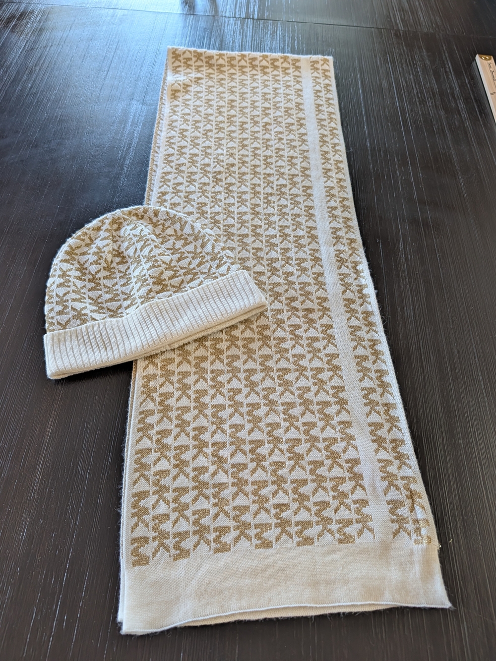 Beige & Cream Knit Hat and Scarf Set